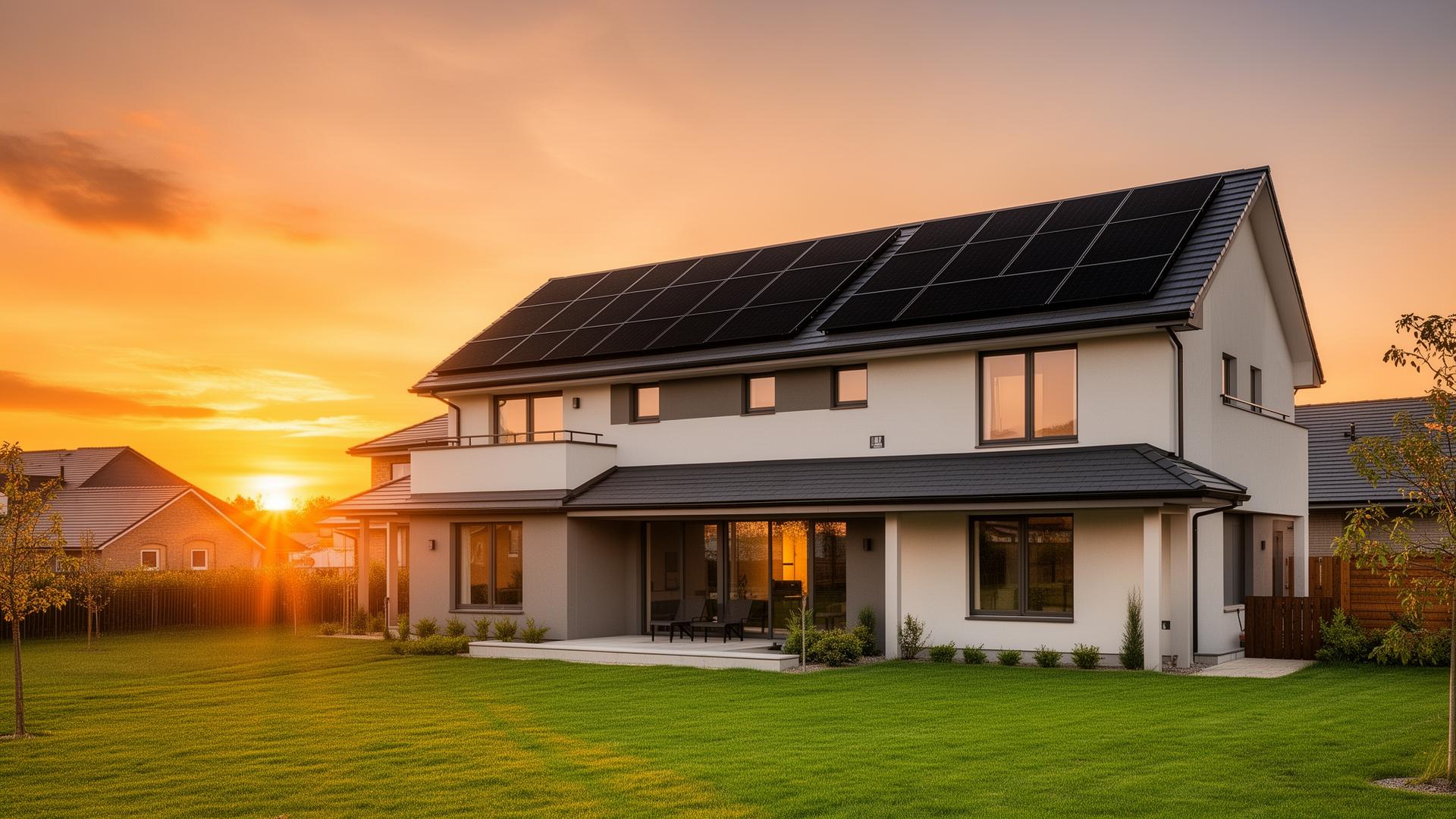 Modern home with rooftop solar panels at sunrise